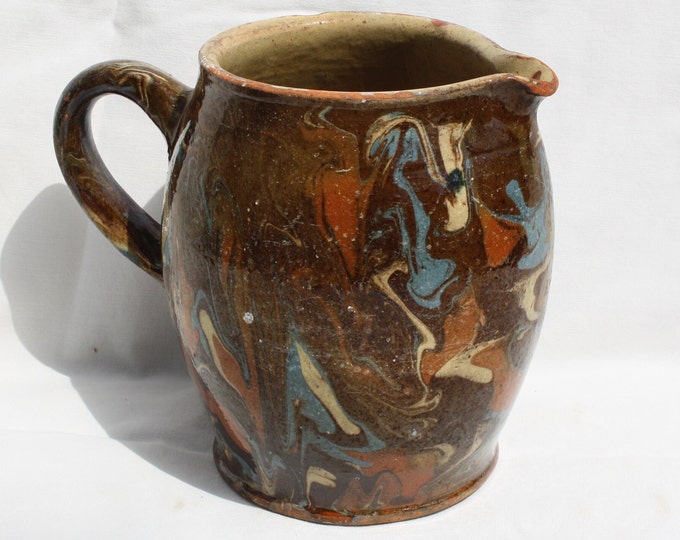 Antique Folk Traditional Splashed Glazed Milk Pitcher, Stoneware Jug