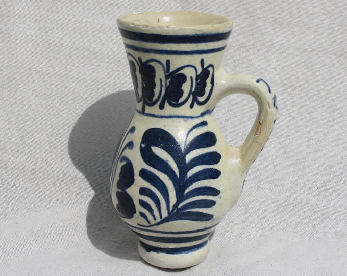 Little Blue Transylvania Folk Water Pitcher, Stoneware Glazed Jug