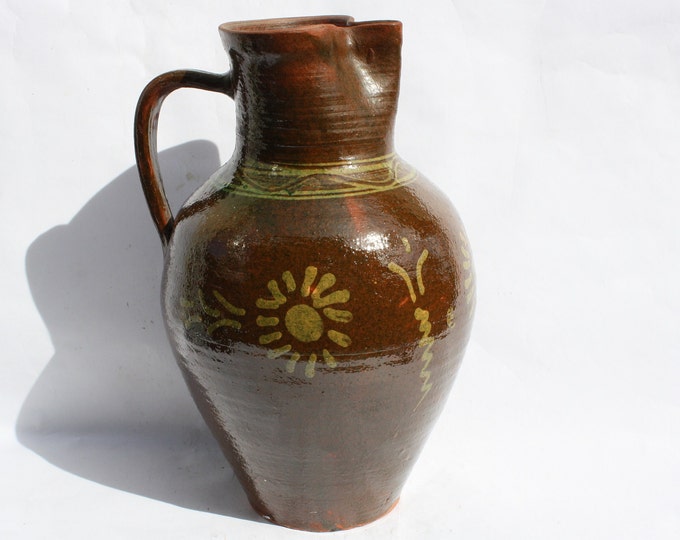Antique Dark Brown Folk Jar, Folk Pottery Bottle, Handpainted Jug, Brown Jar
