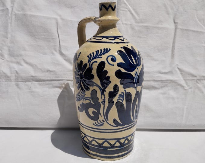 Rare Traditional White Blue Ceramic Transylvania Vase, Antique Handpainted Blue Pottery