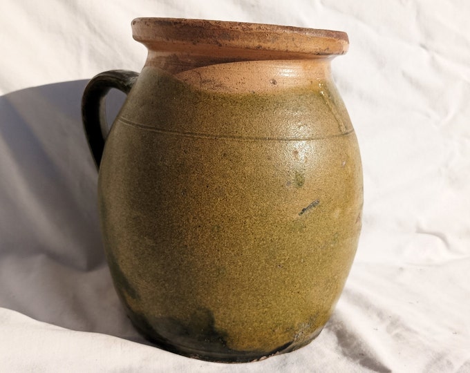 Green Glazed Stoneware Folk Pitcher, Antique Hungarian Traditional Splashed Glazed Water Jug