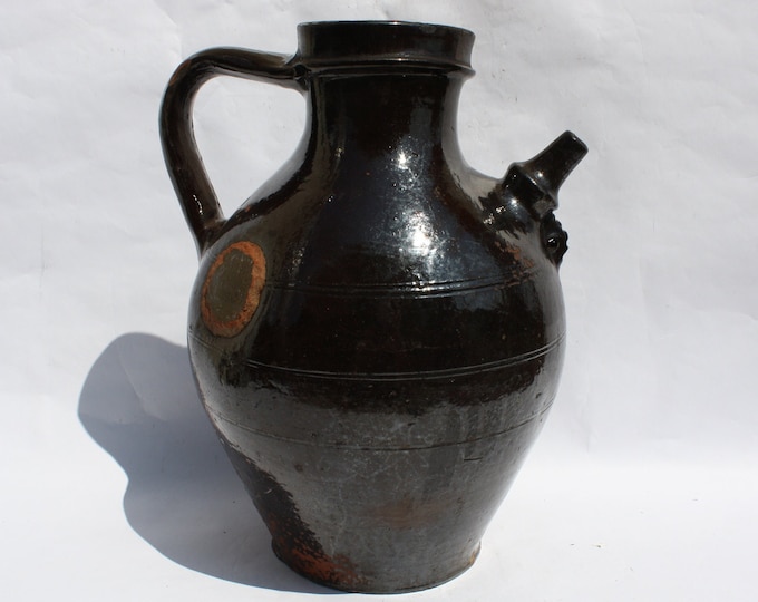 Antique Brown Wine Pitcher with side Spout from early 20th century Antique Water Jug, French Style Faience Jug