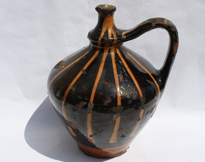 Antique Stoneware Glazed Folk Lined Pitcher, Huge Pitcher, Vintage Stoneware Ewer, Ceramic Pitcher, Ceramic Pottery