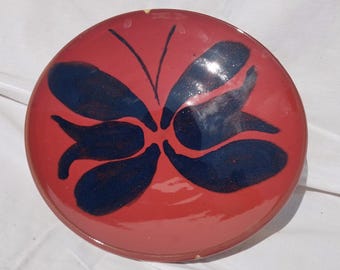 Vintage Retro style Red Blue Glazed Art Ceramic Pottery Plate