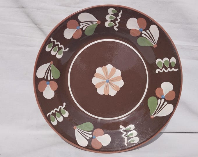 Brown Folk Flower Plate, Handpainted wall plate, Flower designed Wall Hanging, Kitchen Decoration, Rare Wall Hanging Plate
