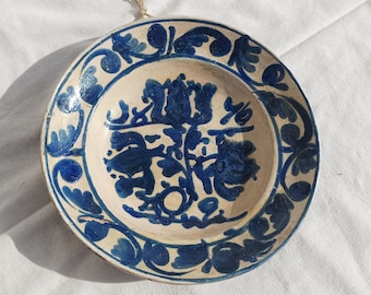 Antique Rare Transylvania Folk Traditional Dated 1876 Blue Painted Wall Hanging Plate, Countrystyle Rural Peasant Plate
