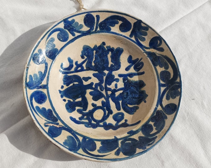 Antique Rare Transylvania Folk Traditional Dated 1876 Blue Painted Wall Hanging Plate, Countrystyle Rural Peasant Plate