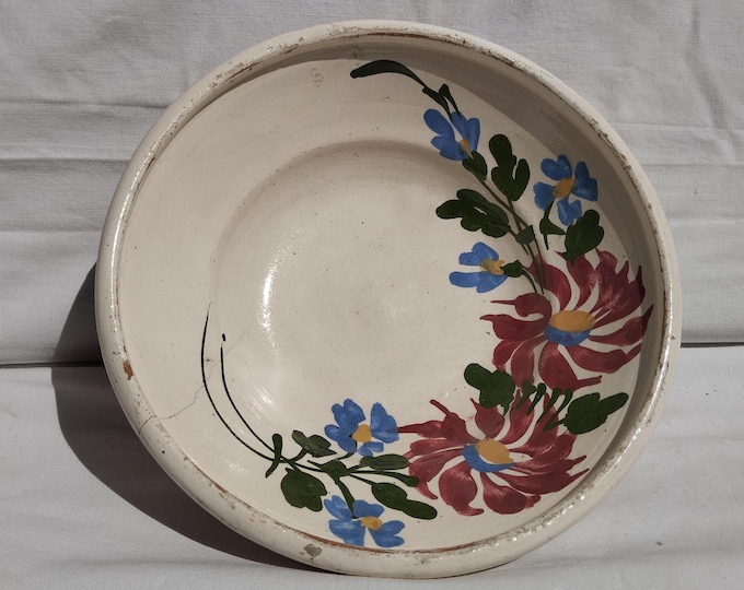 Antique Traditional Hungary Clay White Glazed Flower Decorated Plate, Folk Pottery, Antique Peasant Plate Hodmezovasarhely Bowl