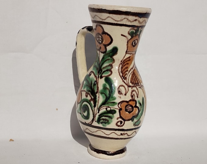 Hungary Folk Handpainted Water Jug, Flower and Bird Designed Pitcher