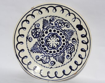 Vintage Blue Painted Wall Hanging Plate,  Traditional Clay Peasant Plate