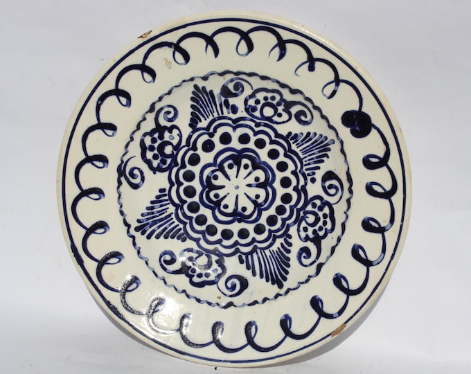Vintage Blue Painted Wall Hanging Plate,  Traditional Clay Peasant Plate