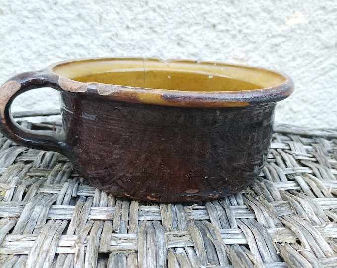 Antique Traditional Folk Farmhouse Stoneware Brown Glazed Antique Bowl, Folk Hungarian Pottery