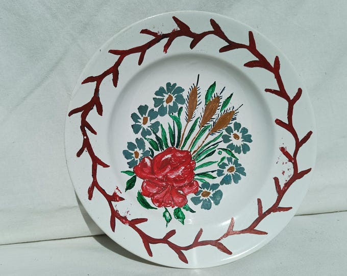 Traditional Flower Design Handpainted Folk Pottery Plate, Vintage Peasant Flower Plate