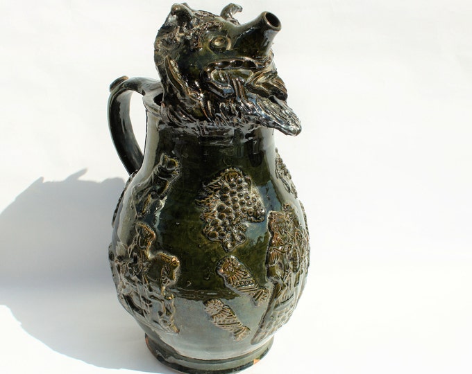Austria - Hungary Huge Green Lead Glazed Green Fratzenkrug Fratzenkrug middle 19th century, Relief Jug, Ausguss in figürlicher Teufelsfratze