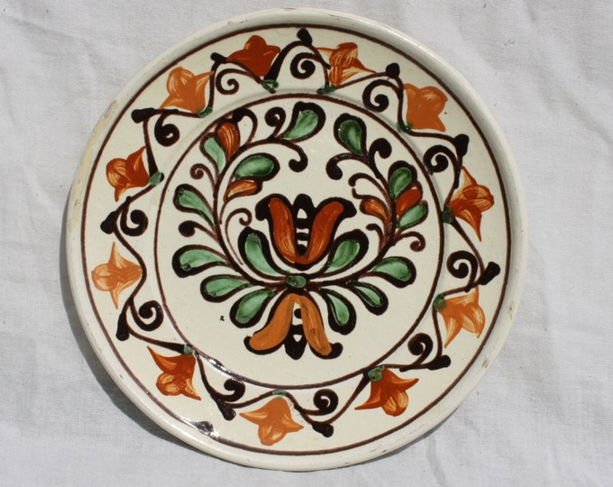Clay Plate, Transylvania Pottery, Folk Flower Pottery, Antique Peasant Plate, Flower Plate