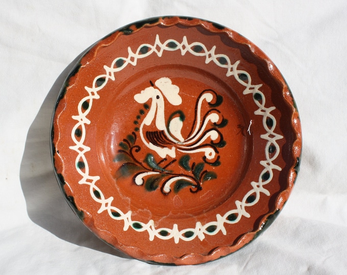 Antique Hungary Traditional Folk Bird Rooster Motif Clay Plate, Folk Farmhouse Decoration Pottery, Antique Peasant Plate