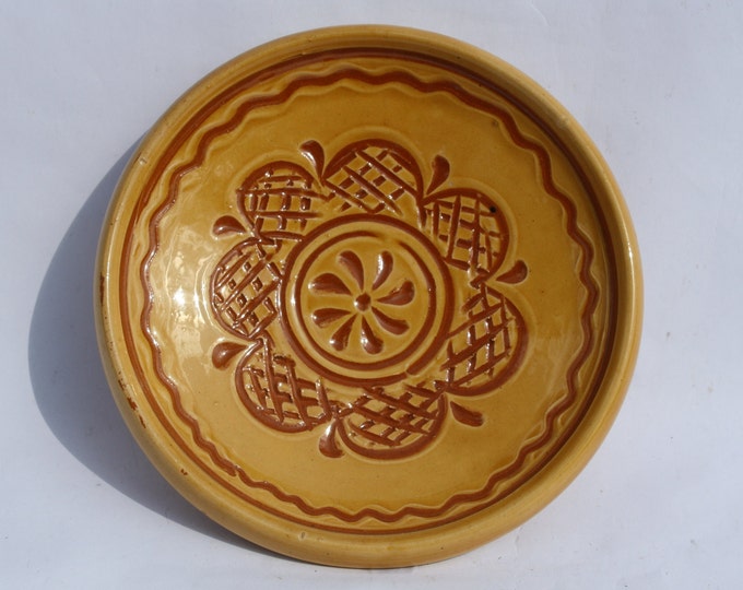 Yellow Folk Hungarian Plate, Carved Brown Flower Decorated Ceramic Pottery