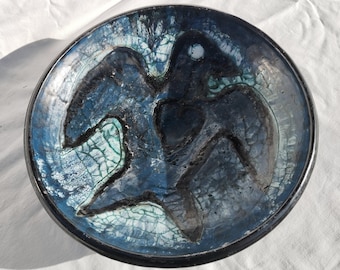 Vintage Blue Glazed Raven Stoneware Plate, Retro Wall Decor