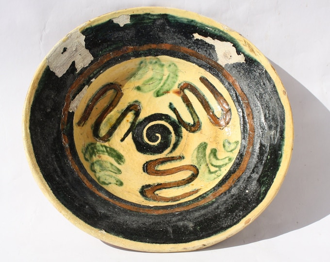 Antique Transylvania Clay Plate from early 1800's, Folk Traditional Plate