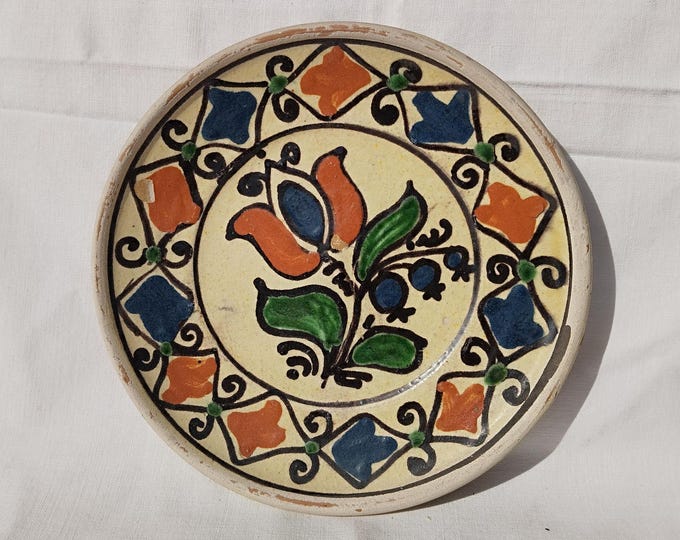 Vintage Little Korond Clay Plate, Transylvania Pottery, Folk Flower Pottery, Antique Peasant Plate, Flower Plate