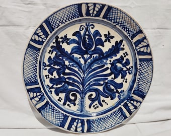Traditional Huge Blue Painted Clay Plate, Transylvania Pottery, Folk Plate, Antique Peasant Plate
