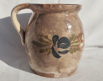 Antique Folk Traditional White Glazed Pitcher, White Stoneware Jug with Little Blue Flower