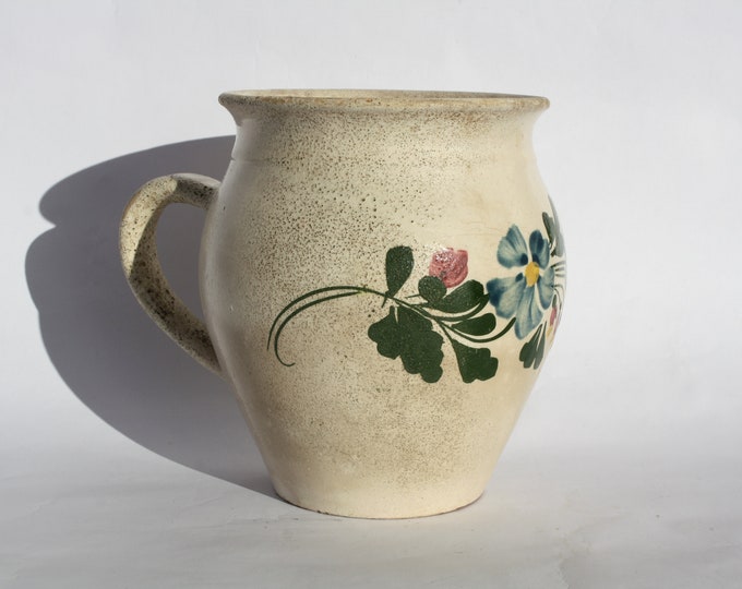 Antique Folk Traditional White Glazed Pitcher, White Stoneware Jug with Flower