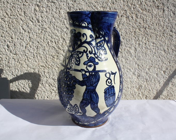 Huge Rare antique guild jug pottery from Austria-Hungary, blue wine pitcher from 1887