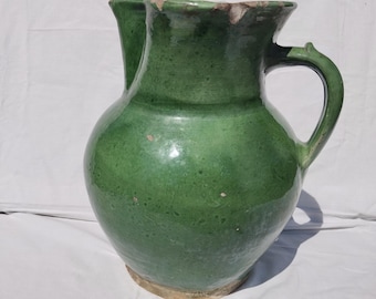 Huge Antique Green Glazed Stoneware Folk Pitcher, Antique Hungarian Traditional Jug