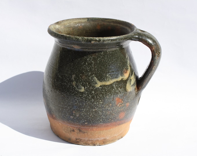 Antique Folk Traditional Splashed Glazed Milk Pitcher, Stoneware Jug