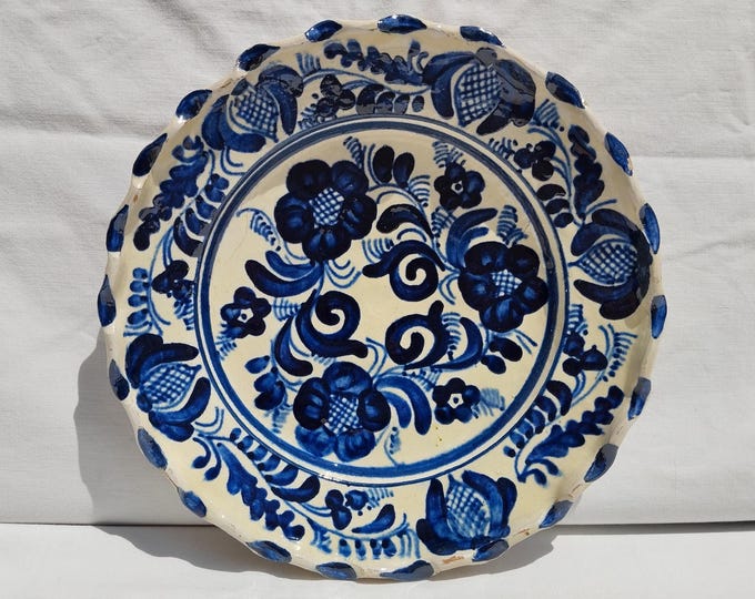 Traditional Blue Painted Clay Plate, Transylvania Pottery, Folk Plate, Antique Peasant Plate