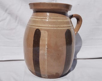 Antique Handpainted Folk Pottery Pitcher: Hungarian Stoneware Jug, 1800s