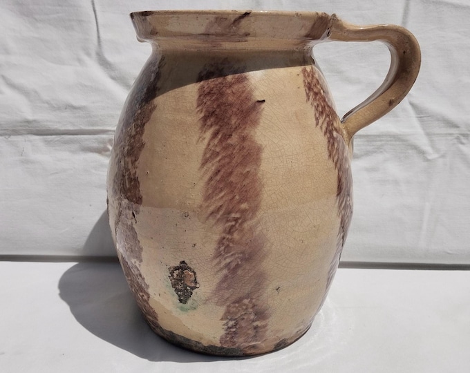 Antique Folk Pottery, Line Decorated Folk Pitcher, Stoneware Bottle, Handpainted Jug, Faience Jug, Folk Ewer