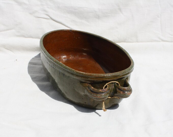 Antique Hungarian Traditional Folk Green Glazed Cooking Pan, Ethnographic Kitchen Decoration
