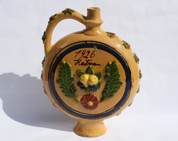 Antique Relief Ceramic Flask, Antique Dated Bottle, 1926 Folk Flask, Water Flask, Old Wine Flask