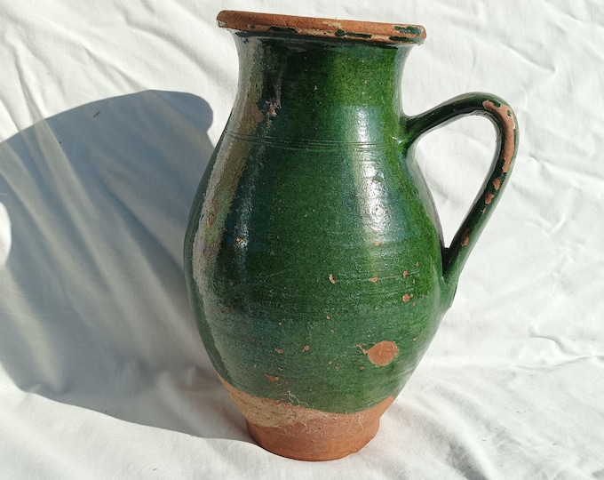 Huge Green Glazed Pot, Traditional Folk Stoneware Pottery, Rare Folk Pitcher, Ceramic Pitcher, Ceramic 150 years old Pottery