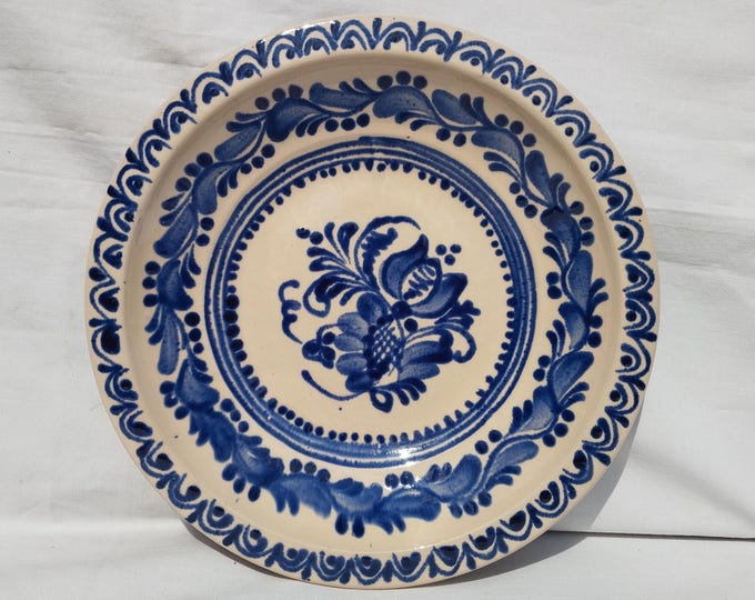 Vintage Blue Painted Wall Hanging Plate,  Traditional Clay Peasant Plate