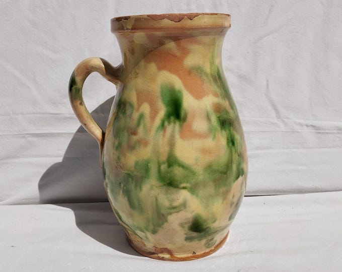 Antique Marble Glazed Folk Pitcher, Folk Bottle, Handpainted Jug, Faience Jug, Folk Ewer