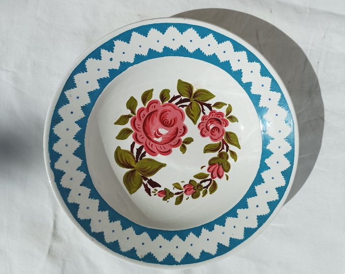 Antique Granit Plate, Hungarian Pottery, Folk Plate, Antique Peasant Plate, Flower Plate