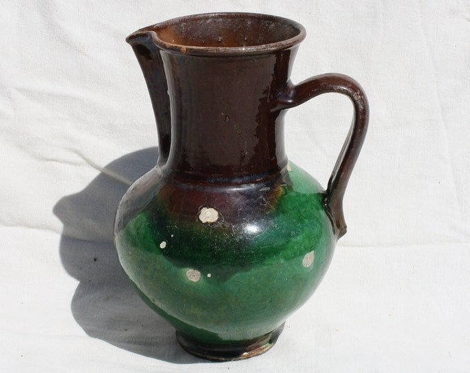 Antique Folk Green Glazed Ceramic Pitcher, Traditional Little Stoneware Milk Jug