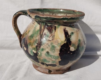 Antique Handpainted Faience Pitcher: Marble Glazed Folk Ewer