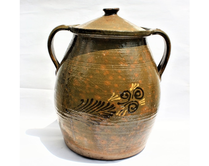 Huge Antique Stoneware Jelly Jar, Hungarian Folk Green glazed Pottery Pot