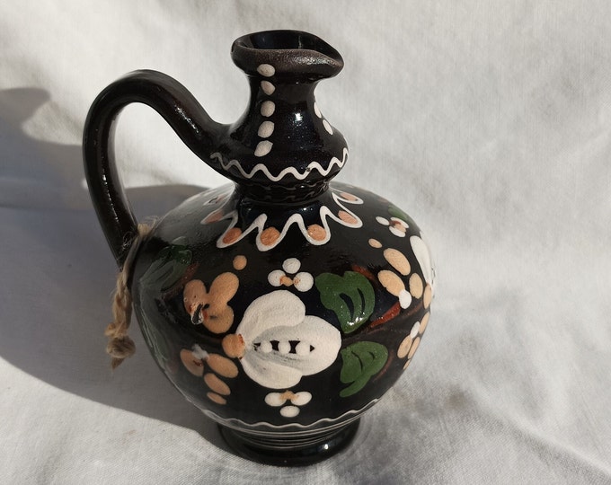 Black Glazed Stoneware Pot, Traditional Folk Stoneware Pottery, Rare Folk Little Pitcher, Ceramic Pitcher