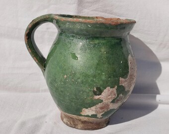 Folk  Green Glazed Pitcher, Folk Bottle, Handpainted Jug, Faience Jug, Folk Ewer