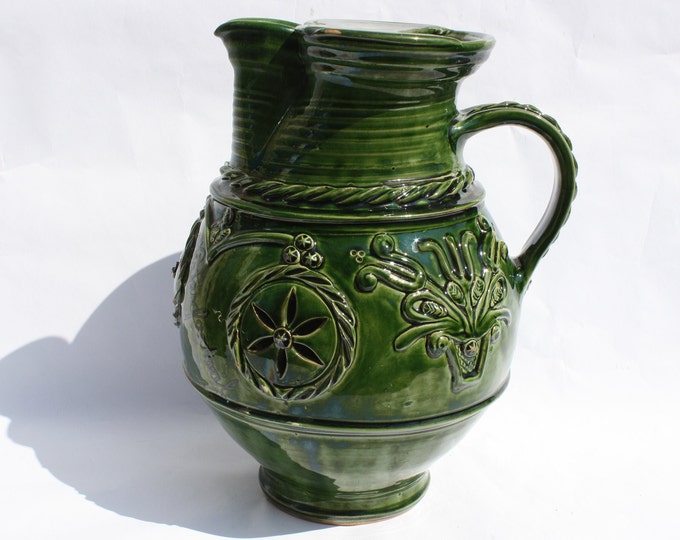 Stoneware Huge Wine Pitcher, Relief Folk Water Jug