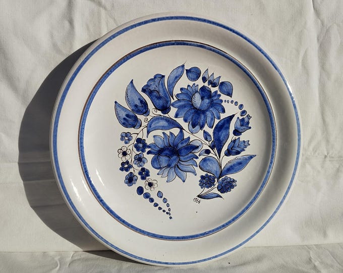 Traditional Blue HungarianPottery Dish, Handpainted Flower Motif Vintage Wall Plate
