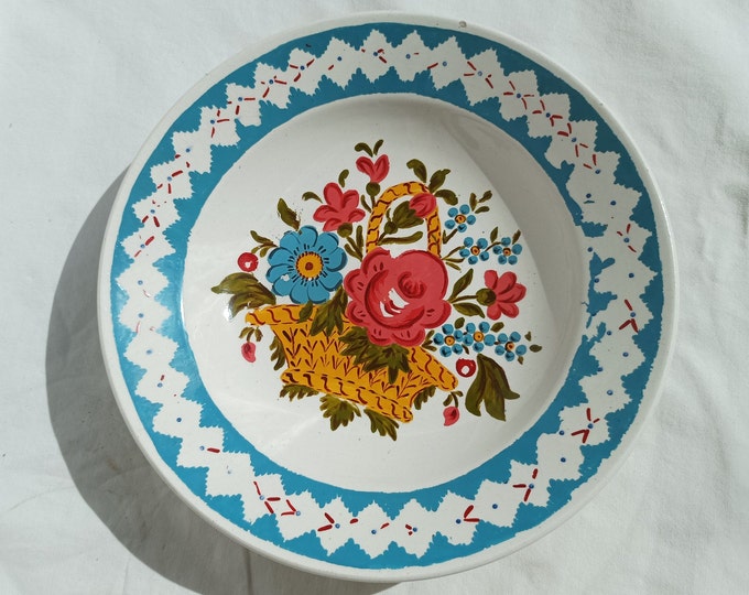 Antique Granit Plate, Hungarian Pottery, Folk Plate, Antique Peasant Plate, Flower Plate