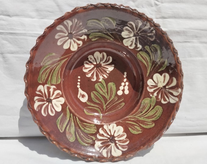 Traditional Folk Brown Clay Plate, Transylvania Pottery, Folk Ceramic, Antique Peasant Plate