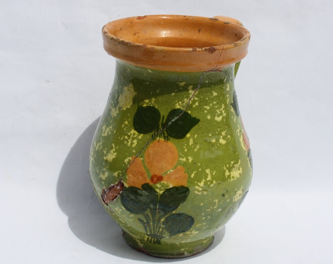 Antique Folk Stoneware Green Pitcher, Flower Decorated Green Water Jug