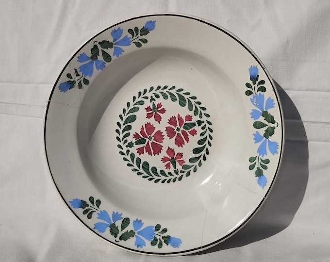 Traditional Antique Folk Clay Plate, Transylvania Pottery, Folk Plate, Antique Peasant Repaired Plate